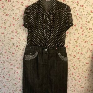 Mark&Spencer Denim Black Skirt and Transparent Blouse Retro Style